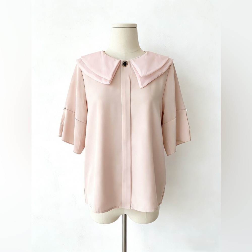 Women's Chiffon Short Sleeves Blouse with Double Collar in Pink